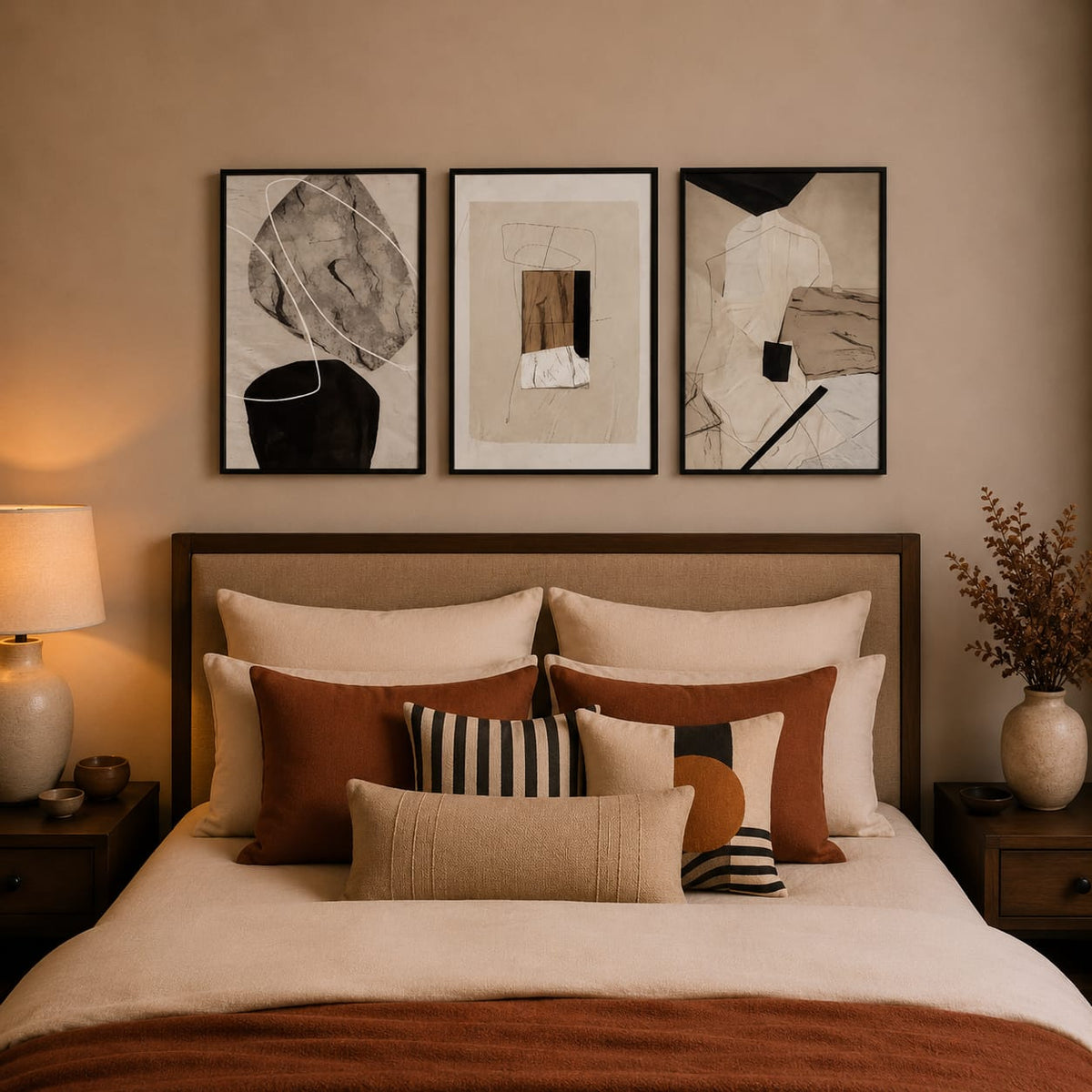 Contemporary Abstract Wall Art Set of 3 – Neutral Beige & Black Framed Prints | 30 × 40 cm