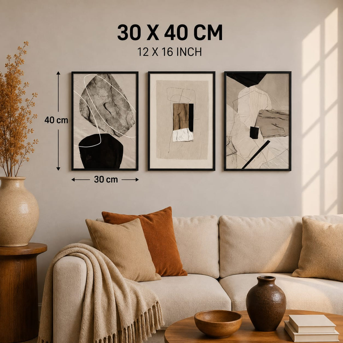Contemporary Abstract Wall Art Set of 3 – Neutral Beige & Black Framed Prints | 30 × 40 cm