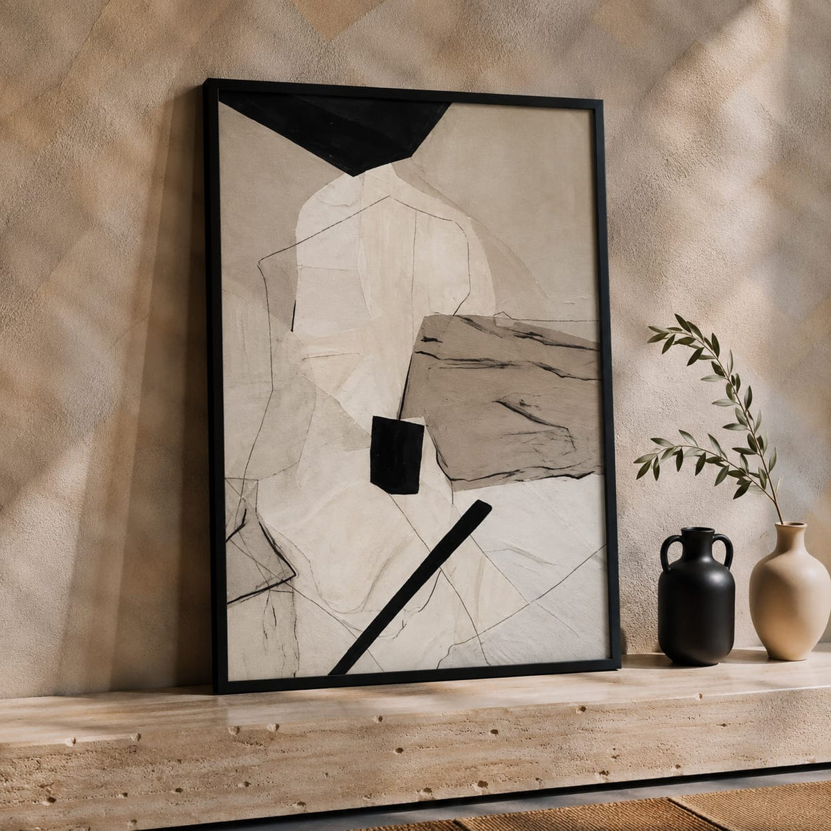 Contemporary Abstract Wall Art Set of 3 – Neutral Beige & Black Framed Prints | 30 × 40 cm