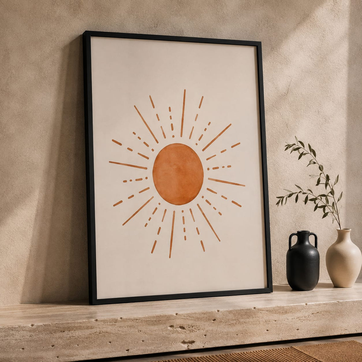 3 Piece Boho Sun & Moon Framed Wall Art Set 30x40cm | Abstract Beige Terracotta