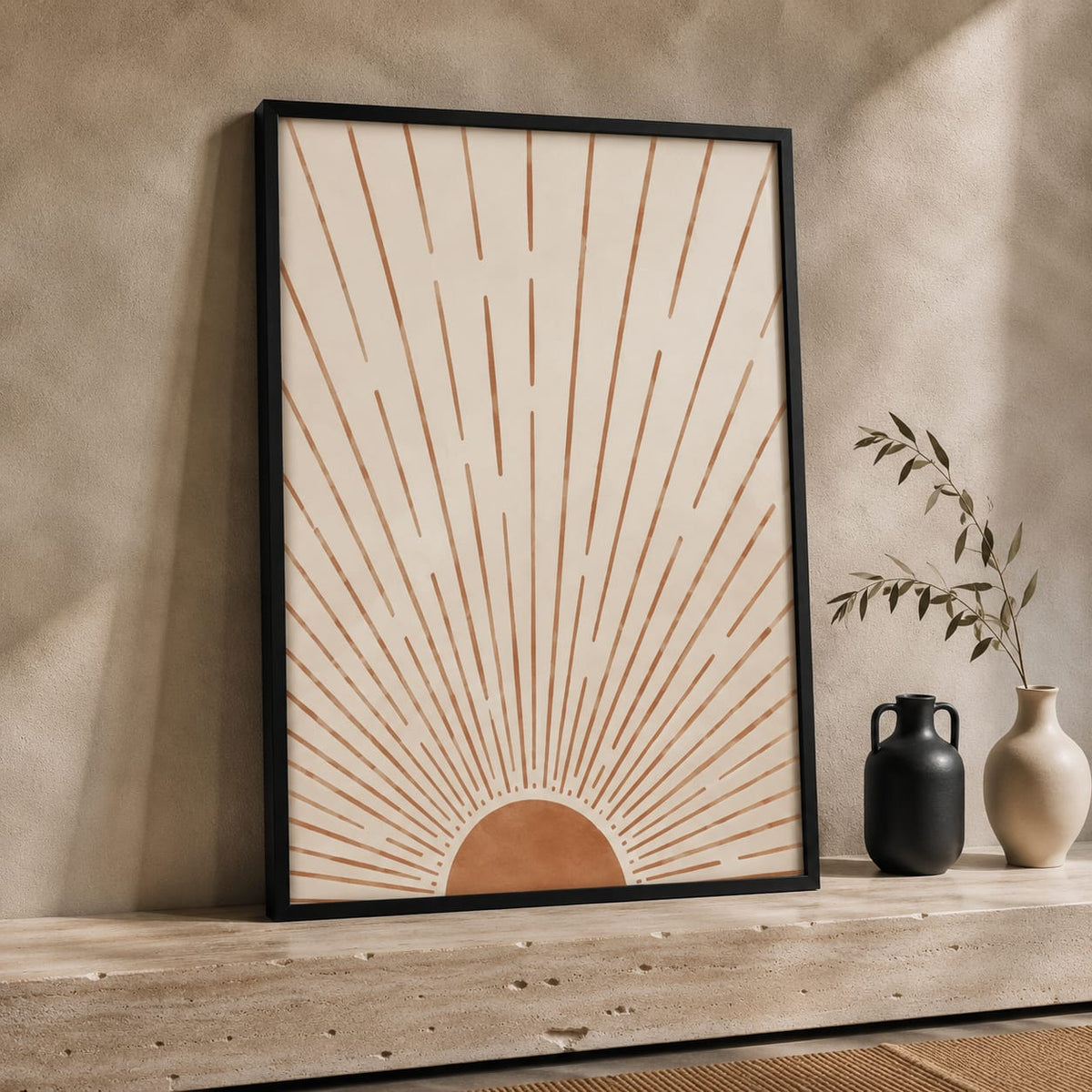 3 Piece Boho Sun & Moon Framed Wall Art Set 30x40cm | Abstract Beige Terracotta