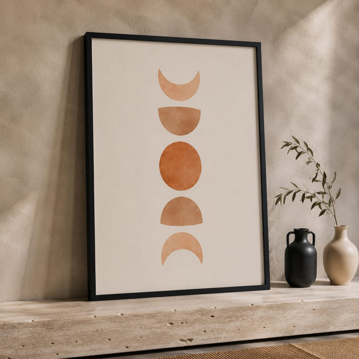 3 Piece Boho Sun & Moon Framed Wall Art Set 30x40cm | Abstract Beige Terracotta