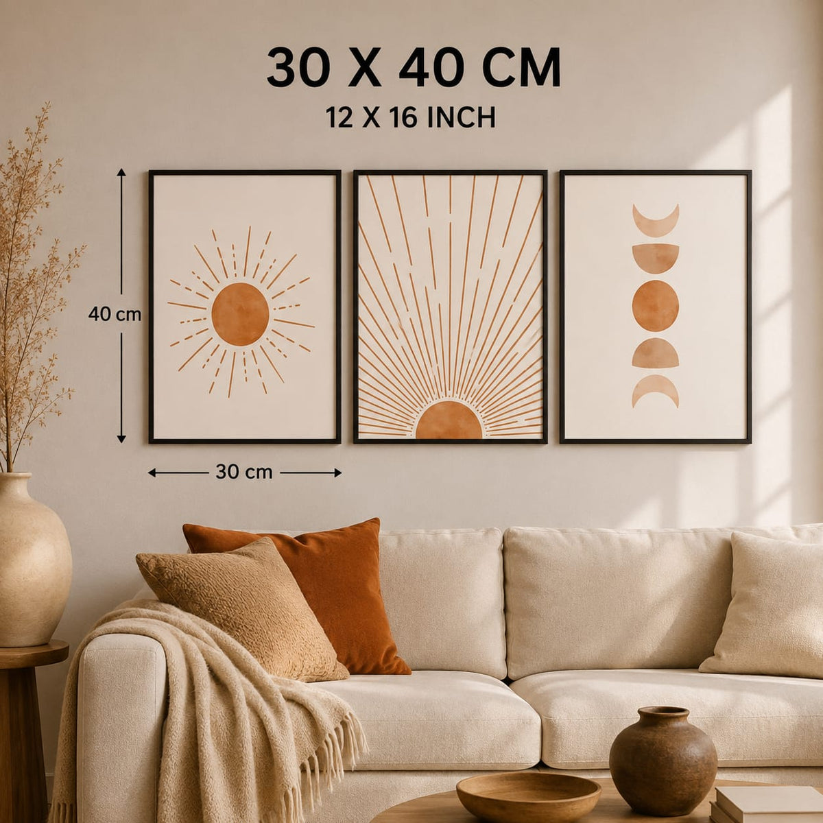 3 Piece Boho Sun & Moon Framed Wall Art Set 30x40cm | Abstract Beige Terracotta