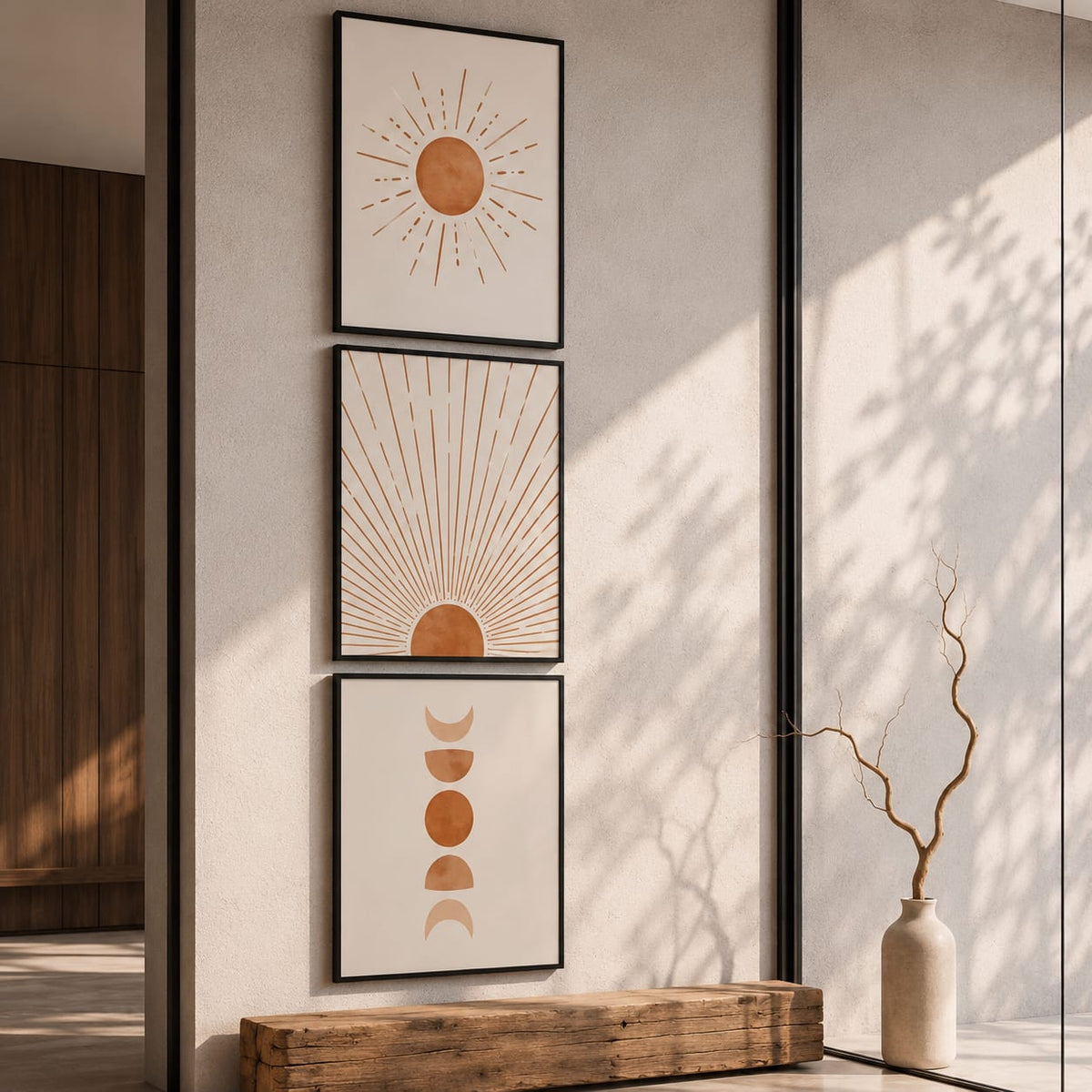 3 Piece Boho Sun & Moon Framed Wall Art Set 30x40cm | Abstract Beige Terracotta