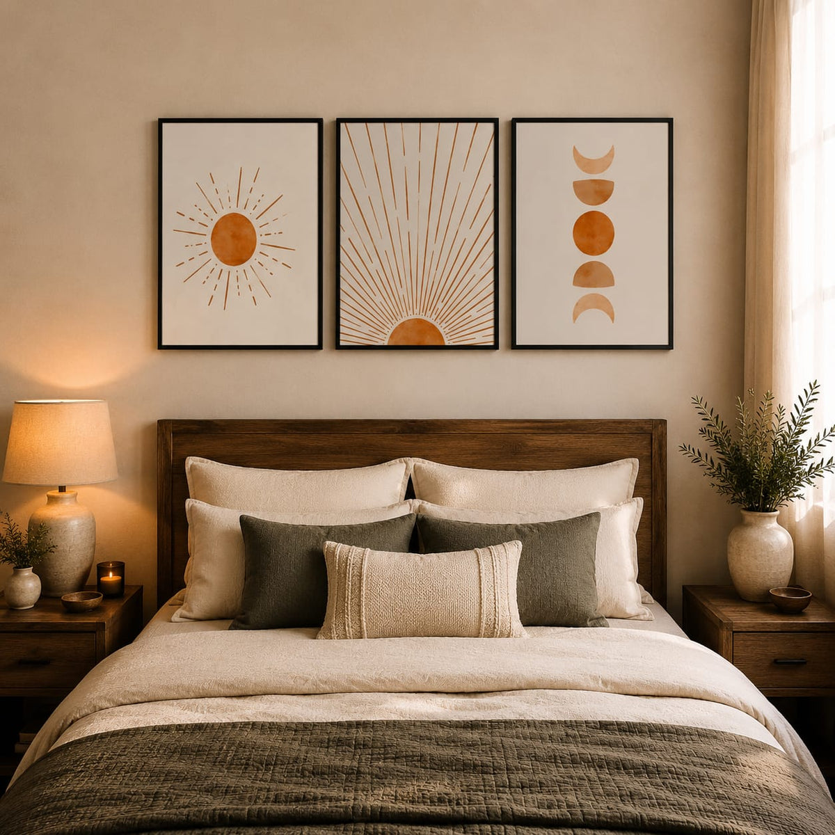 3 Piece Boho Sun & Moon Framed Wall Art Set 30x40cm | Abstract Beige Terracotta