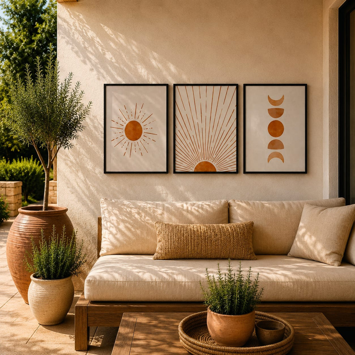3 Piece Boho Sun & Moon Framed Wall Art Set 30x40cm | Abstract Beige Terracotta