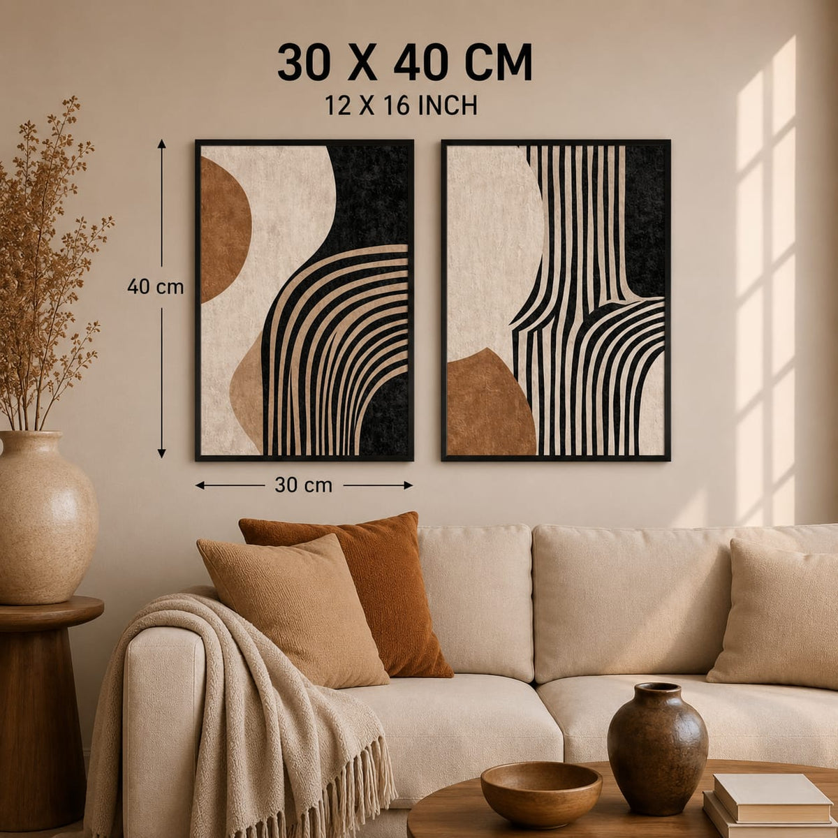 Modern Abstract Wall Art Set of 2 – Black & Beige Geometric Prints | Framiza