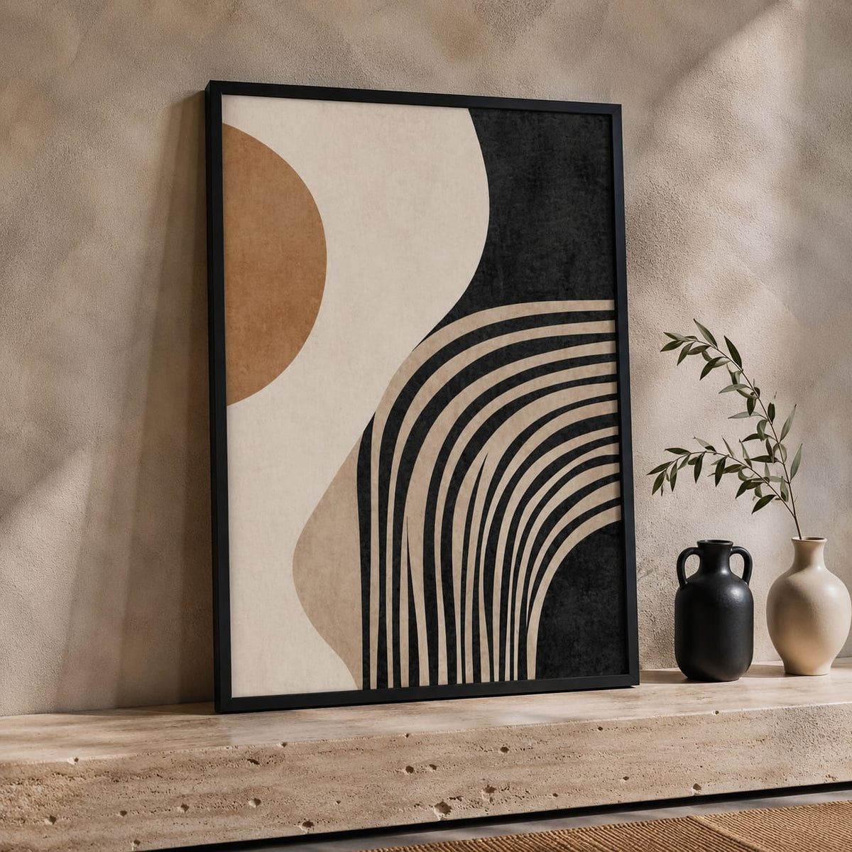 Modern Abstract Wall Art Set of 2 – Black & Beige Geometric Prints | Framiza