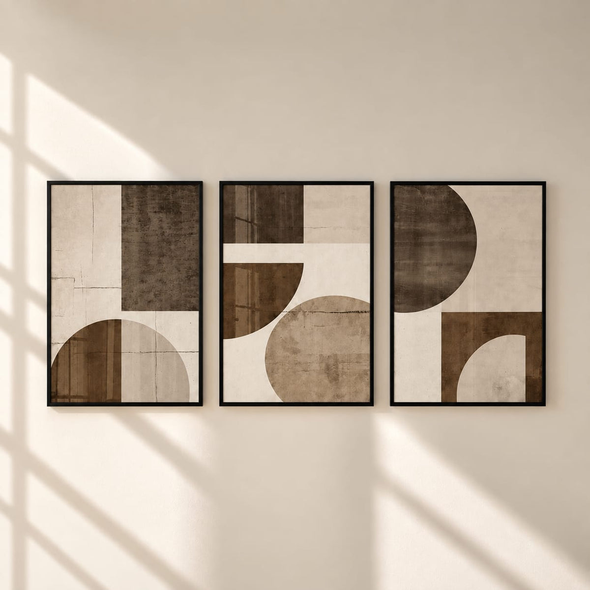 Modern Abstract Geometric Wall Art Set of 3 – Framed Canvas Prints | Minimalist Brown & Beige Wall Decor (30 × 40 cm / 12 × 16 in)