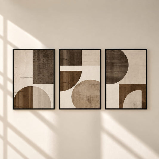 Modern Abstract Geometric Wall Art Set of 3 – Framed Canvas Prints | Minimalist Brown & Beige Wall Decor (30 × 40 cm / 12 × 16 in)