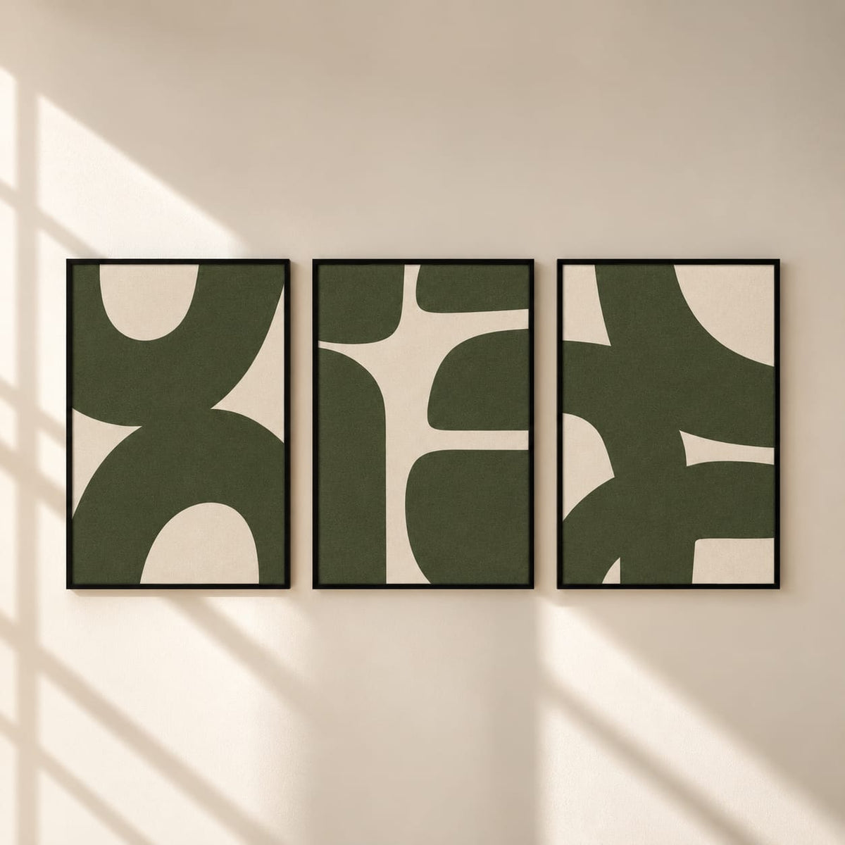 Modern Abstract Geometric Wall Art Set of 3 | Framed Canvas Prints | Minimalist Olive Green Wall Decor | 30 × 40 cm (12 × 16 in)