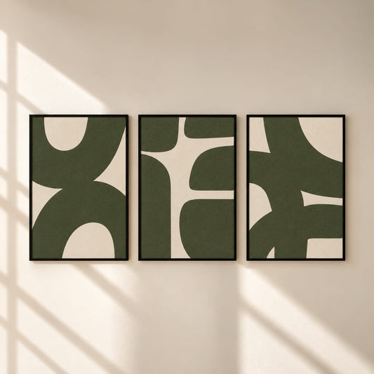 Modern Abstract Geometric Wall Art Set of 3 | Framed Canvas Prints | Minimalist Olive Green Wall Decor | 30 × 40 cm (12 × 16 in)