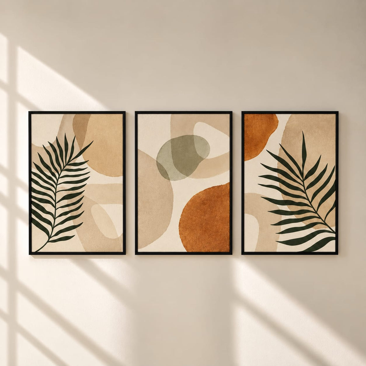 Boho Botanical Abstract Wall Art Set of 3 | Framed Canvas Prints | Minimalist Tropical Leaf Wall Decor | 30 × 40 cm (12 × 16 in)