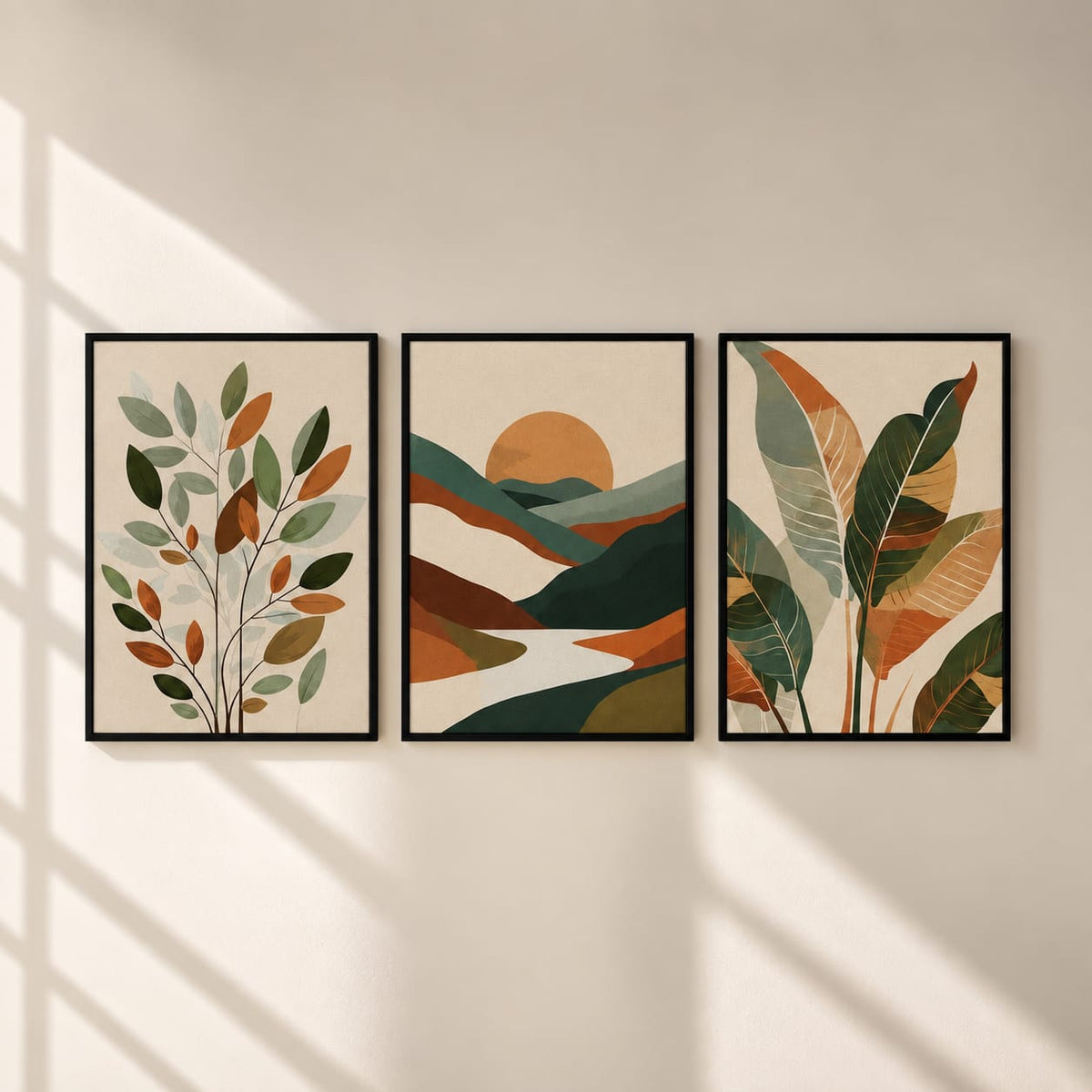 Nature Landscape & Botanical Wall Art Set of 3 | Framed Canvas Prints | Modern Abstract Green & Terracotta Wall Decor | 30 × 40 cm (12 × 16 in)