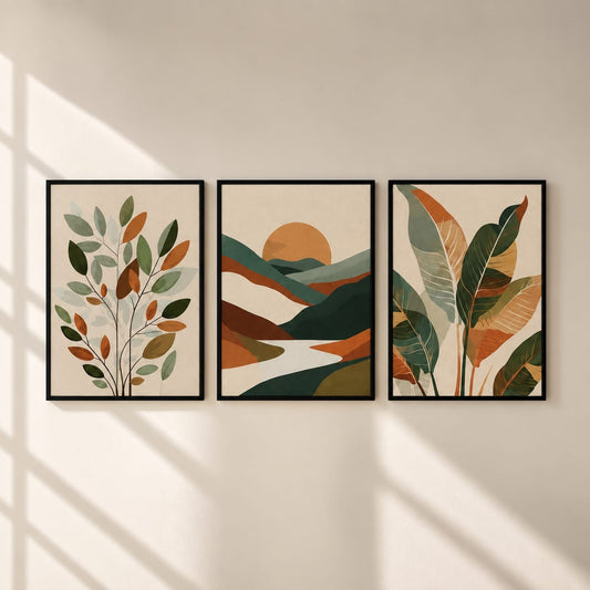 Nature Landscape & Botanical Wall Art Set of 3 | Framed Canvas Prints | Modern Abstract Green & Terracotta Wall Decor | 30 × 40 cm (12 × 16 in)