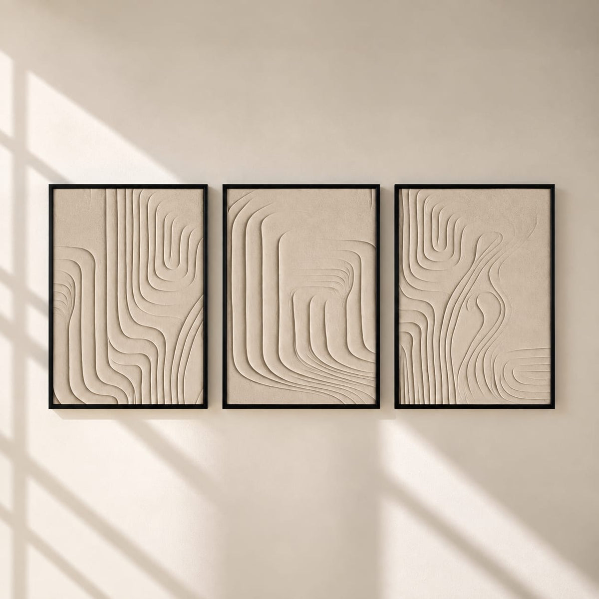 Modern 3D Textured Abstract Wall Art Set of 3 | Framed Canvas Prints | Minimalist Neutral Beige Wall Decor | 30 × 40 cm (12 × 16 in)