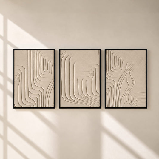 Modern 3D Textured Abstract Wall Art Set of 3 | Framed Canvas Prints | Minimalist Neutral Beige Wall Decor | 30 × 40 cm (12 × 16 in)