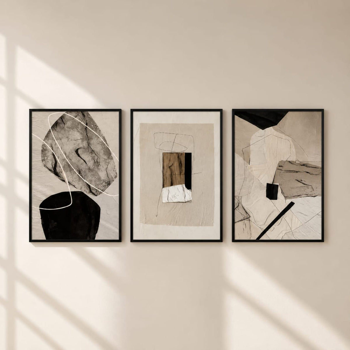Contemporary Abstract Wall Art Set of 3 – Neutral Beige & Black Framed Prints | 30 × 40 cm