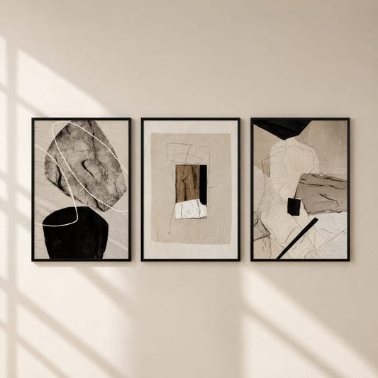Contemporary Abstract Wall Art Set of 3 – Neutral Beige & Black Framed Prints | 30 × 40 cm