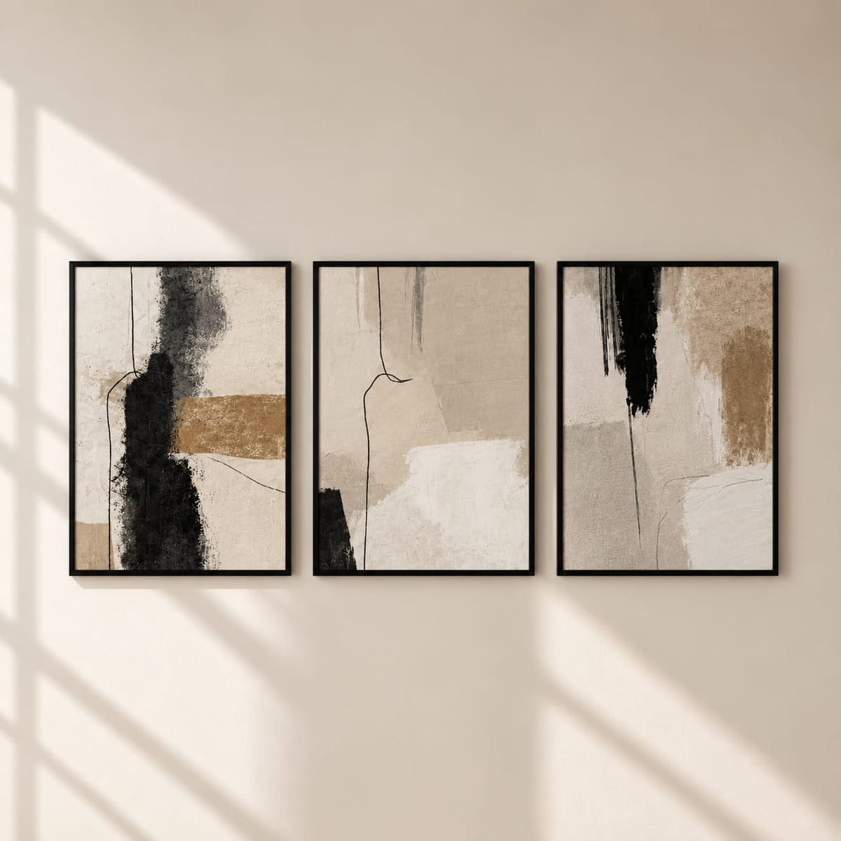 Abstract Wall Art Set of 3 – Black Framed Neutral Prints | 30 × 40 cm
