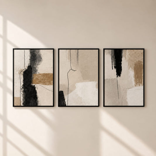 Abstract Wall Art Set of 3 – Black Framed Neutral Prints | 30 × 40 cm
