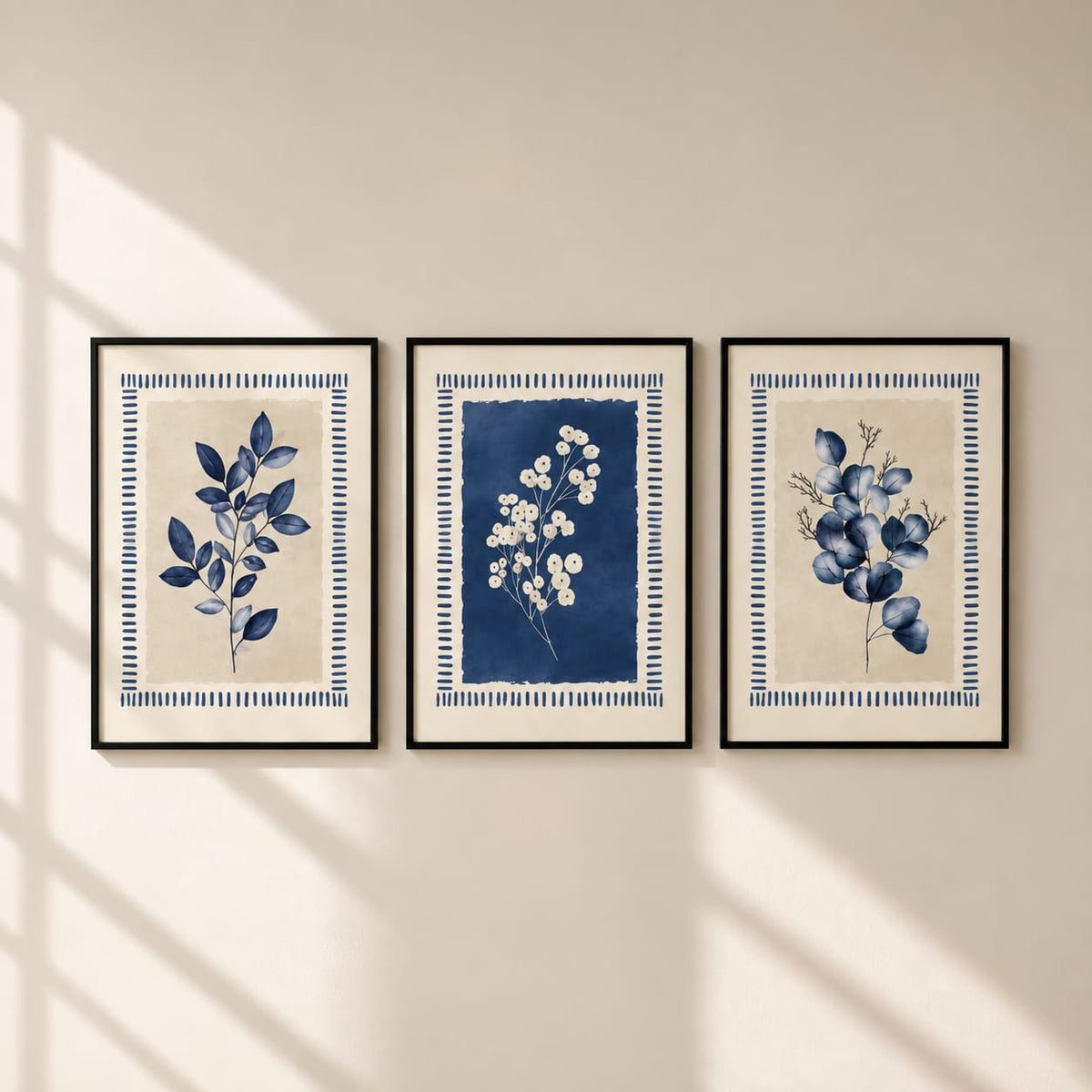 3-Piece Blue Botanical Framed Wall Art Set – 30 × 40 cm Each