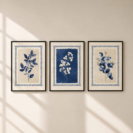 3-Piece Blue Botanical Framed Wall Art Set – 30 × 40 cm Each
