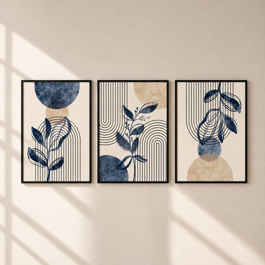 3-Piece Framed Abstract Botanical Wall Art Set – Navy Blue & Beige – 30 × 40 cm