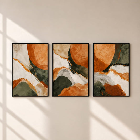 Terracotta & Olive Green Abstract Wall Art Set of 3 – 30 × 40 cm