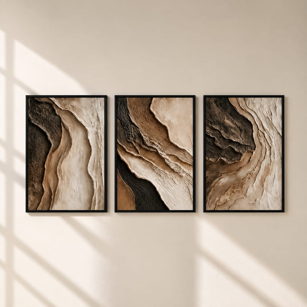 Abstract Neutral Wall Art Set of 3 – Framed Canvas Prints | Organic Earth-Tone Textured Artwork | 30 × 40 cm