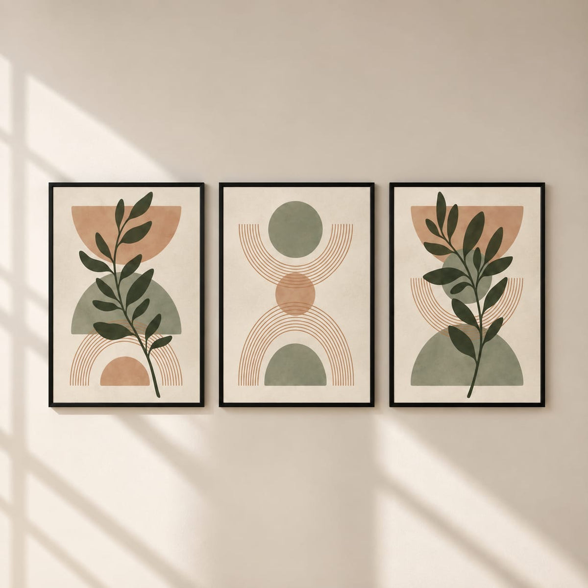 Boho Botanical Wall Art Set of 3 – Framed Canvas Prints | Neutral Beige Abstract Wall Decor | 30 × 40 cm