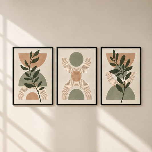 Boho Botanical Wall Art Set of 3 – Framed Canvas Prints | Neutral Beige Abstract Wall Decor | 30 × 40 cm