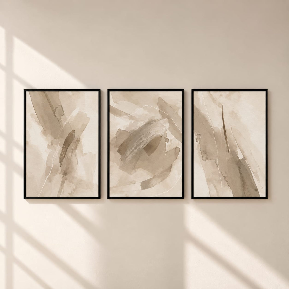 Neutral Abstract Wall Art Set of 3 – Framed Beige Watercolour Prints – 30 × 40 cm Each