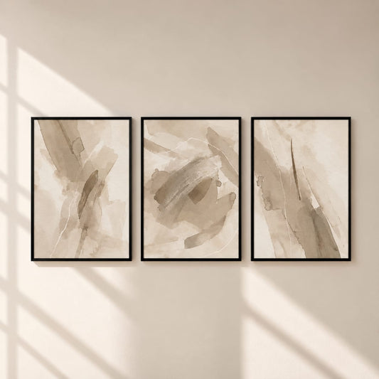Neutral Abstract Wall Art Set of 3 – Framed Beige Watercolour Prints – 30 × 40 cm Each