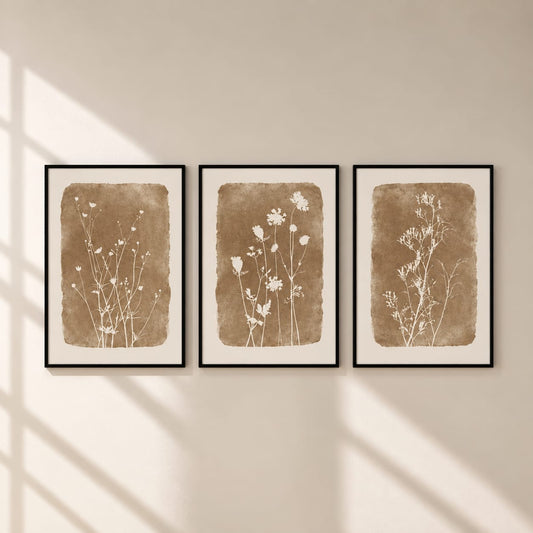 3-Piece Botanical Wall Art Set 30×40 cm – Neutral Beige Floral Prints