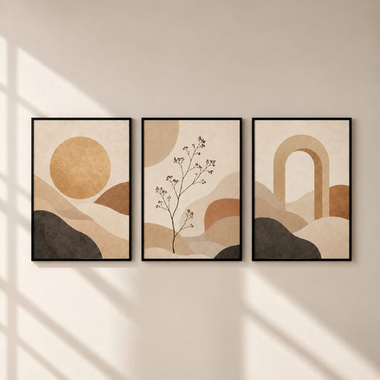 Set of 3 Abstract Framed Wall Art Prints – Neutral Beige, 30 × 40 cm