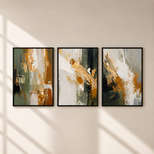 Green & Gold Abstract Wall Art Set of 3 – Framed Modern Canvas Prints, 30 × 40 cm