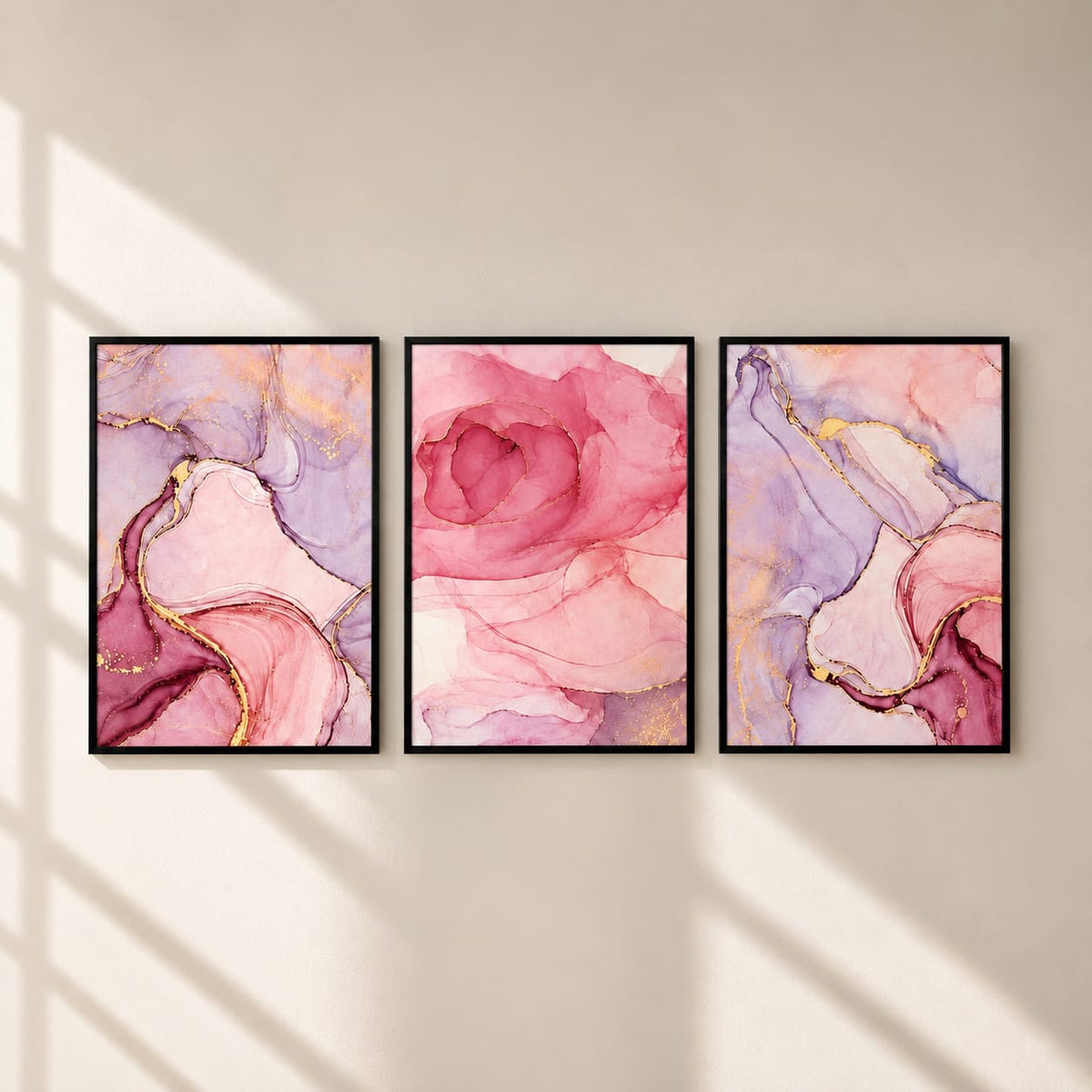 Pink & Lilac Abstract Wall Art Set of 3 – Black Framed 30 × 40 cm