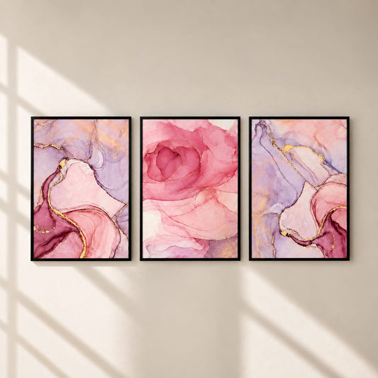 Pink & Lilac Abstract Wall Art Set of 3 – Black Framed 30 × 40 cm