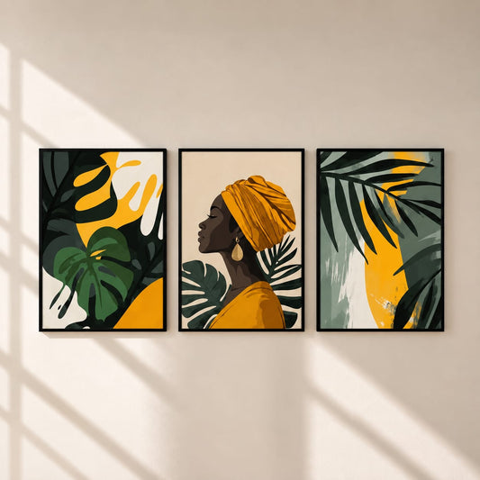 Black Woman & Botanical Wall Art Set of 3 – 30 × 40 cm Framed Prints