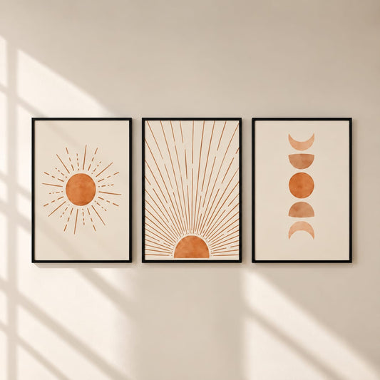 3 Piece Boho Sun & Moon Framed Wall Art Set 30x40cm | Abstract Beige Terracotta