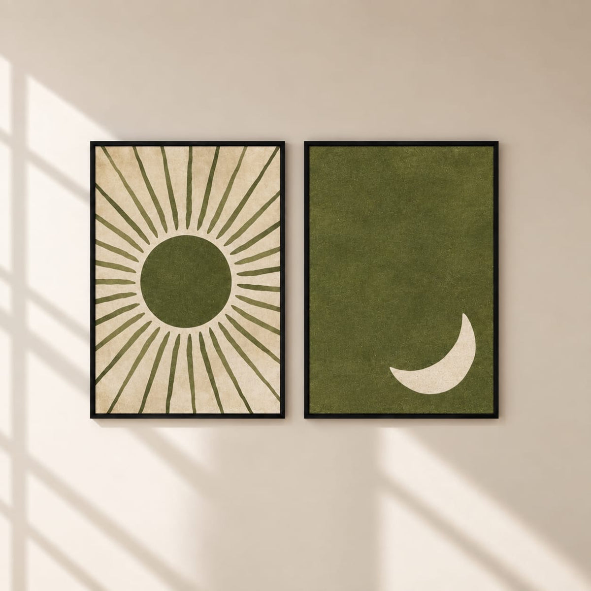 Sun & Moon Wall Art Set of 2 – 30 × 40 cm Each – Olive Green Framed Prints