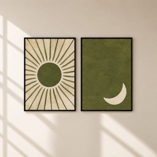 Sun & Moon Wall Art Set of 2 – 30 × 40 cm Each – Olive Green Framed Prints
