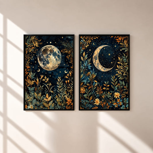 Celestial Moon Botanical Wall Art Set of 2 – 30 × 40 cm Each – Framed