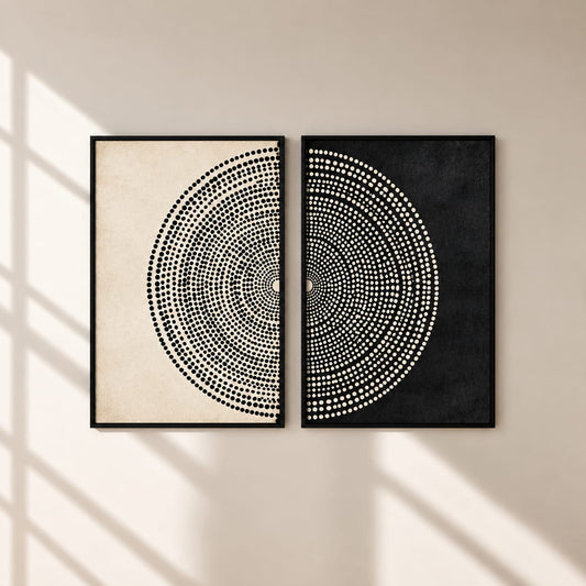 Modern Abstract Circle Wall Art Set of 2 – Black & Cream Framed Prints | 30 × 40 cm