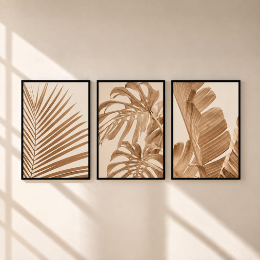Neutral Botanical Wall Art Set of 3 – Framed Tropical Leaf Prints – 30 × 40 cm Each