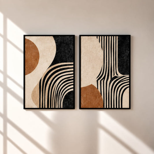 Modern Abstract Wall Art Set of 2 – Black & Beige Geometric Prints | Framiza