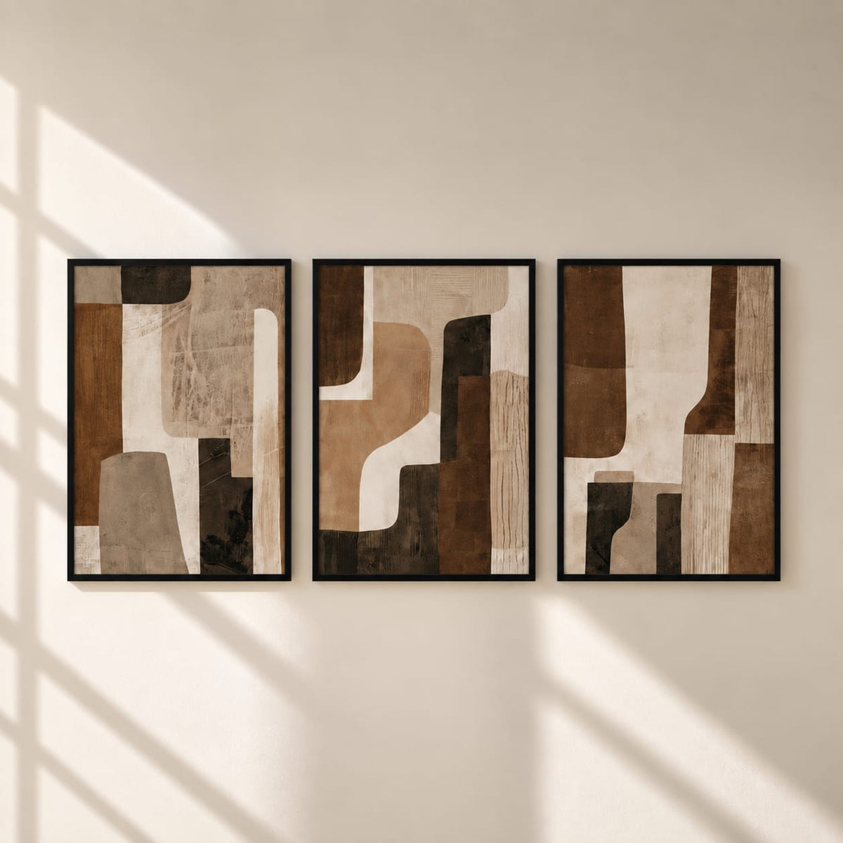Modern Abstract Earth Tone Wall Art Set of 3 | Framed Canvas Prints | Brown & Beige Minimalist Wall Decor | 30 × 40 cm (12 × 16 in)