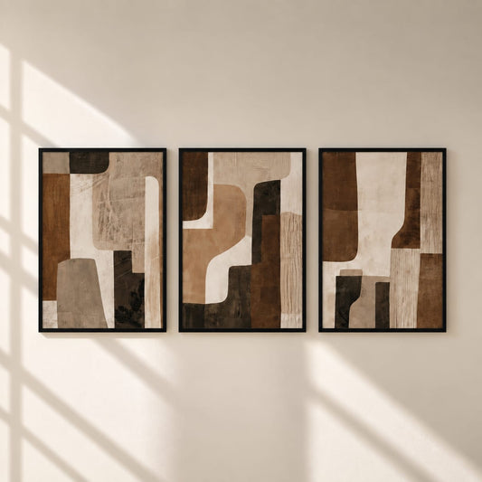 Modern Abstract Earth Tone Wall Art Set of 3 | Framed Canvas Prints | Brown & Beige Minimalist Wall Decor | 30 × 40 cm (12 × 16 in)