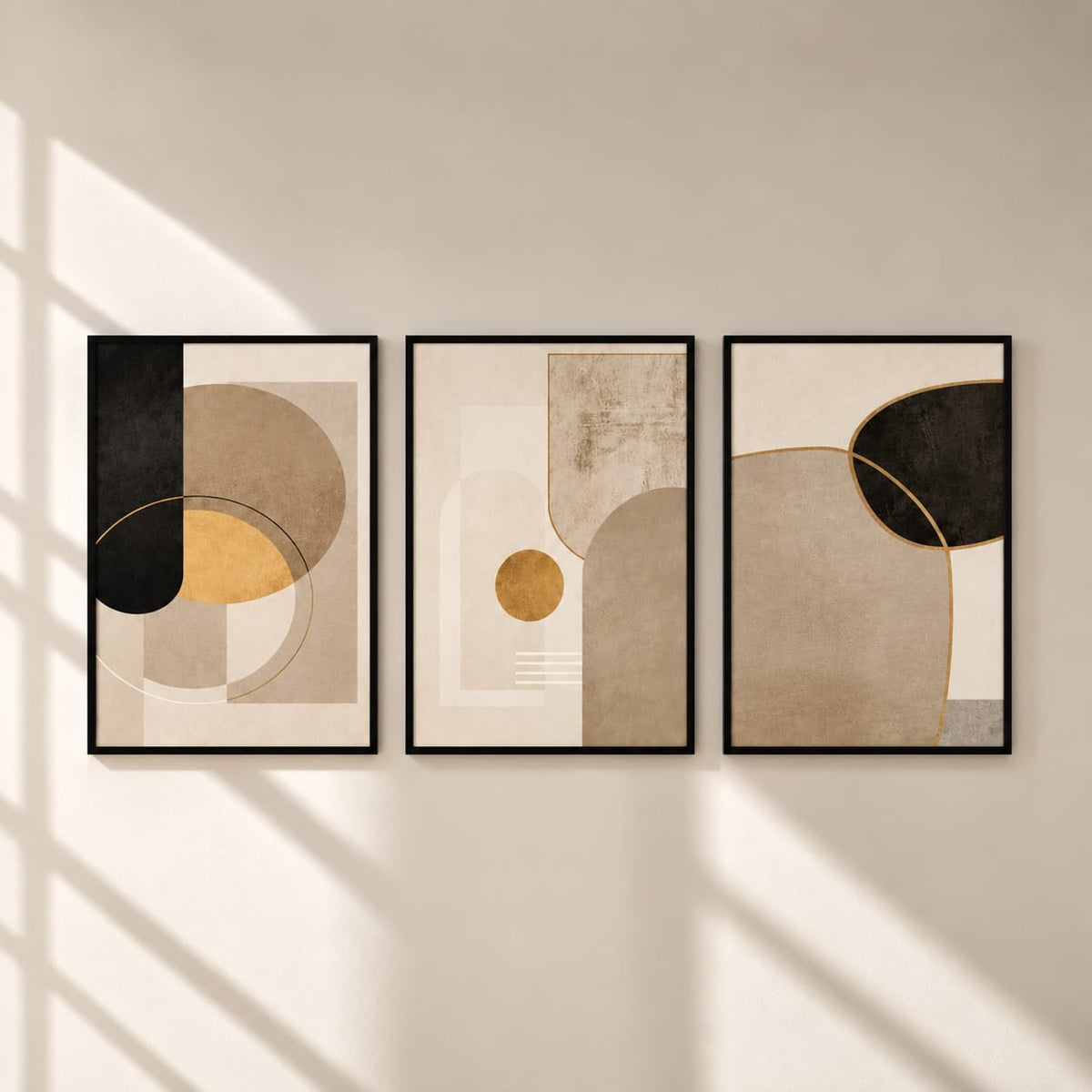 Luxury Modern Abstract Geometric Wall Art Set of 3 | Framed Canvas Prints | Neutral Beige, Black & Gold Wall Decor | 30 × 40 cm (12 × 16 in)